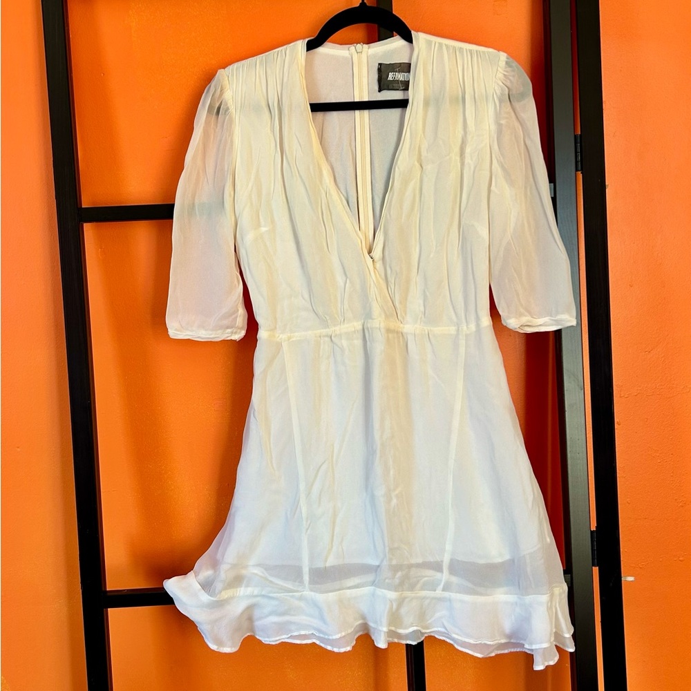 Reformation White Silk Mini Dress | Deep V-Neck Flowy Romantic Dress - Picture 1 of 6